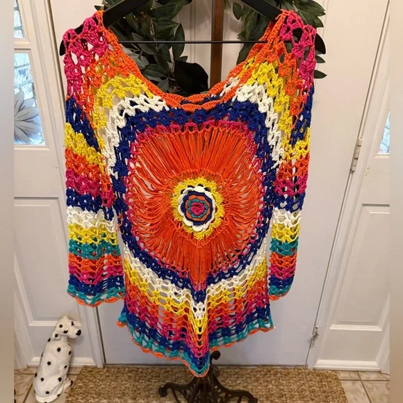 Colorful Boho Hippie Crocheted Open Knit Top Coverup Topper S M - Picture 1 of 7